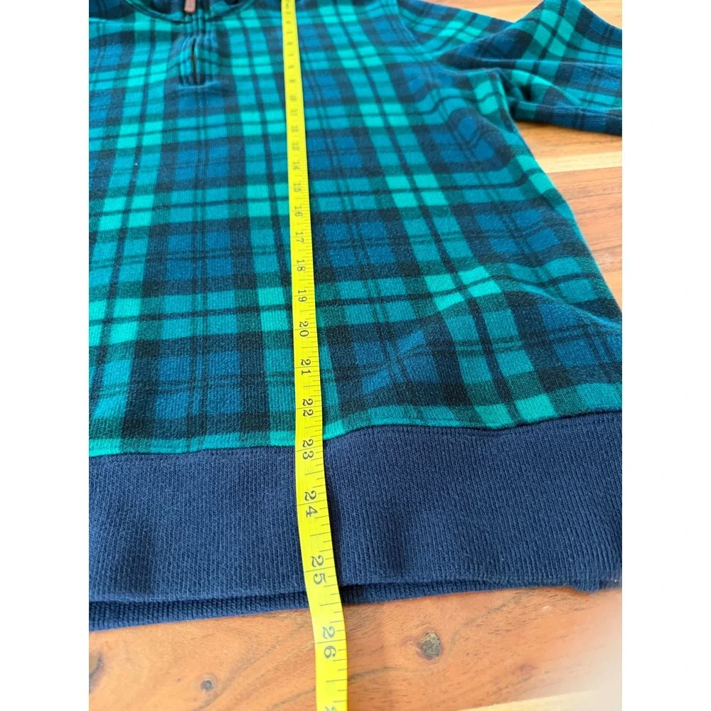 Lands End Mens Medium Plaid Quarter Zip Pullover Green Navy Blue 100% Cotton